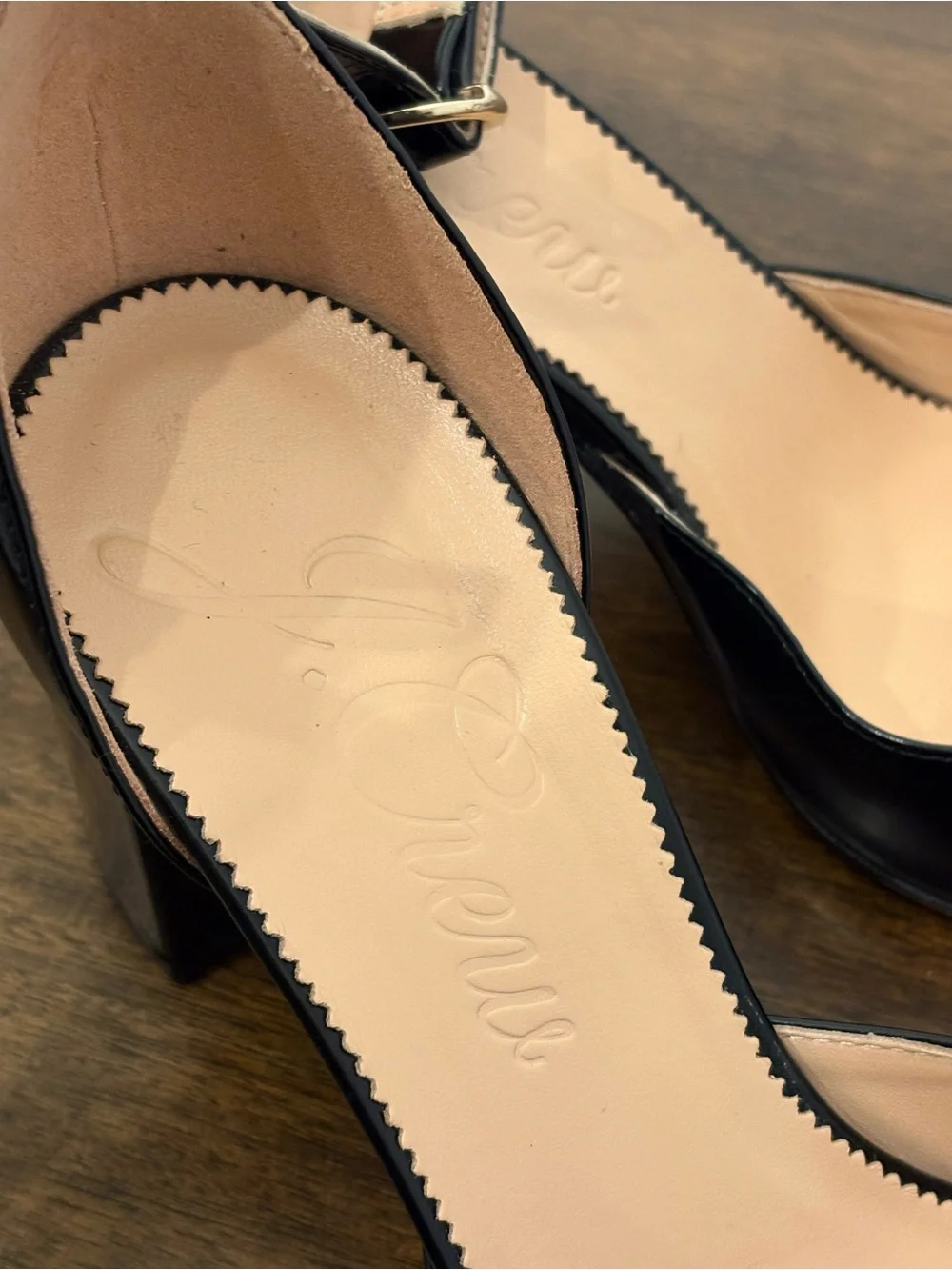 J.Crew Maisie Ankle-strap heels in black with gold buckle, block heel. Preppy